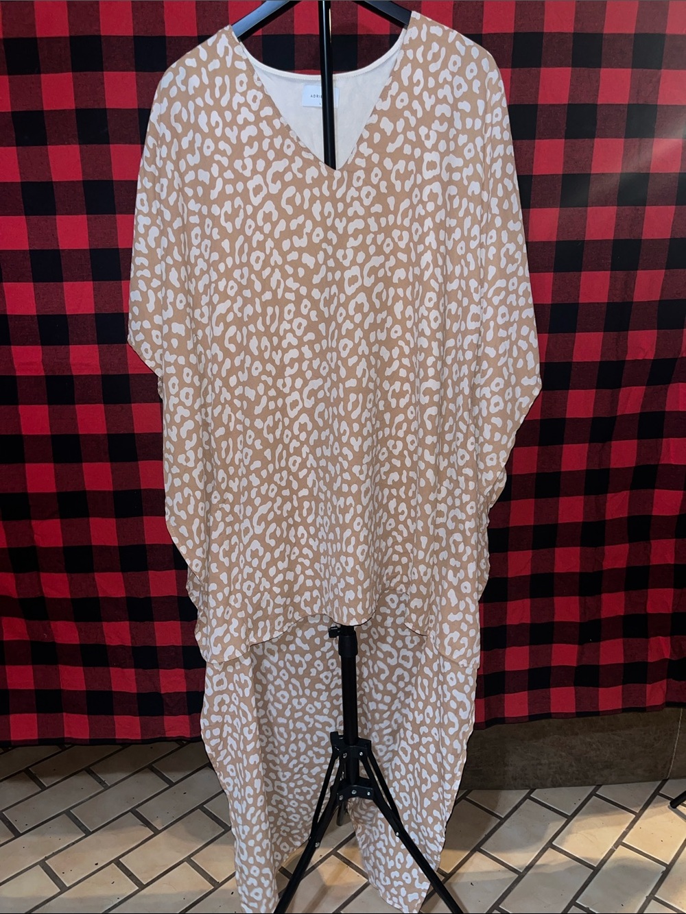 Adrienne Beige and White Animal Print High-Low Dress